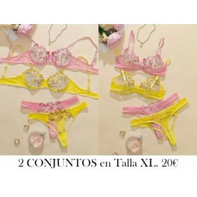 2 piezas Juego de hermoso estampado floral 2 conjuntos de lenceria rosa amarillo
