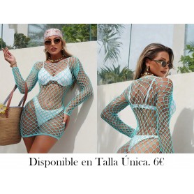 1pc Body Sexy de Red Transparente con Mangas VESTIDO MALLA AZUL