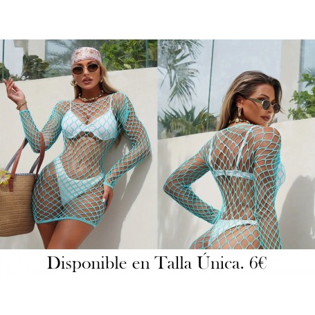 1pc Body Sexy de Red Transparente con Mangas VESTIDO MALLA AZUL
