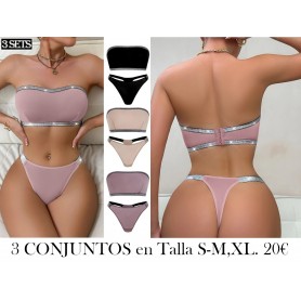 Juego de 3 Body sin Tirantes con Diseño Plateado 3 CONJUNTOS LENCERIA STRAPLESS