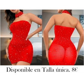Vestido con Adornos de Pedrería - Falda Bodycon VESTIDO MALLA ROJA STRAPLESS