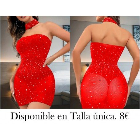 Vestido con Adornos de Pedrería - Falda Bodycon VESTIDO MALLA ROJA STRAPLESS