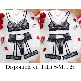 5pcs Conjunto de Sujetador de Malla Bordado de Corazón LENCERIA NEGRA