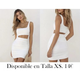 Vestido de color sólido con cuello asimétrico VESTIDO BLANCO