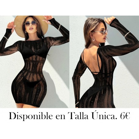 1PC Vestido Sexy de Red con Mangas Largas VESTIDO MALLA NEGRA
