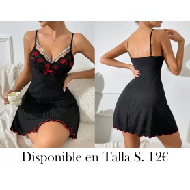 Camisón de noche elegante con encaje negro PIJAMA NEGRA VESTIDO