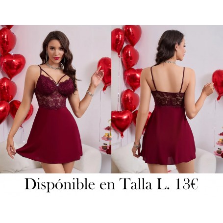 Camisón Sexy de Encaje con Contraste VESTIDO LENCERIA VINO MORADA