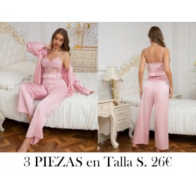 Conjunto de pijama de seda simulada romántica PIJAMA ROSA 3 PIEZAS BATA ROSA