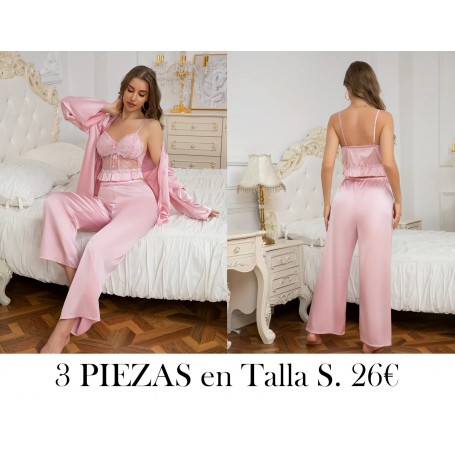 Conjunto de pijama de seda simulada romántica PIJAMA ROSA 3 PIEZAS BATA ROSA
