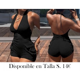 Falda con bolsillos, escote en V profundo ENTERIZO NEGRO