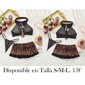 Conjunto de Tres Piezas con Estampado de Leopardo CONJUNTO LENCERIA NEGRA LEOPARDO 3 PIEZAS