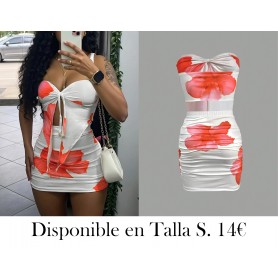 2 piezas, conjunto de top y falda ajustada sexy CONJUNTO BLANCO FLORES NARANJA