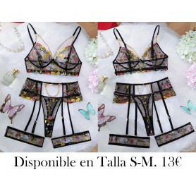 5piezas Conjunto de lencería de malla bordada CONJUNTO LENCERIA NEGRA LIGUEROS