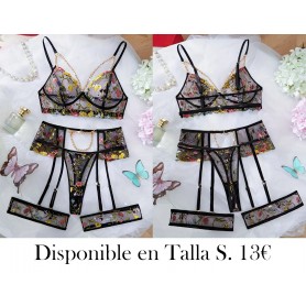 5piezas Conjunto de lencería de malla bordada CONJUNTO LENCERIA NEGRA LIGUEROS