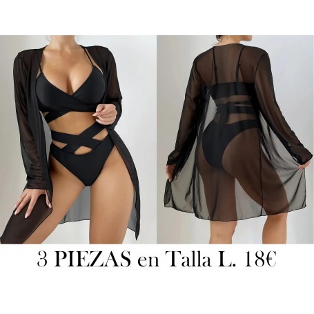 Conjunto de bikini de 3 piezas con escote en V  BIKINI NEGRO 3 PIEZAS
