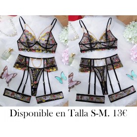 5piezas Conjunto de lencería de malla bordada CONJUNTO LENCERIA NEGRA LIGUEROS