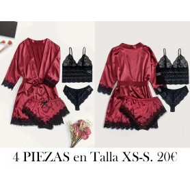 Conjunto de pijama sexy de encaje y satén BATA VINO