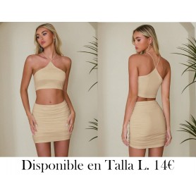 Conjunto de 2 piezas de mujer: Top tanque ajustado con cuello halter y mini falda acampanada ajustada