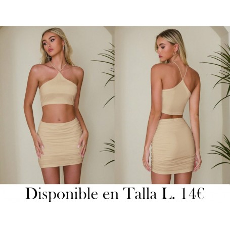 Conjunto de 2 piezas de mujer: Top tanque ajustado con cuello halter y mini falda acampanada ajustada