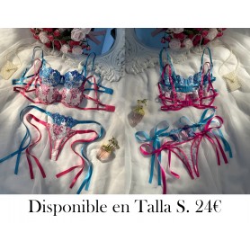 Conjunto de Sujetador Romántico con Bordado Floral Azul y Rosa para Mujer 2 PIEZAS AZUL FUCSIA