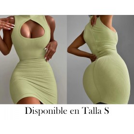 Vestido Mini Ajustado Sin Mangas para Mujer en Verde Oliva con Escote de Calavera y Detalles Recortados