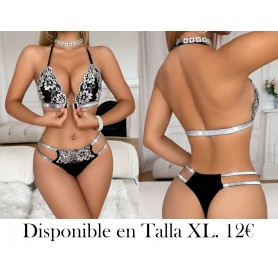 Conjunto de Lencería con Encaje a Contraste CONJUNTO LENCERIA NEGRA LENCERIA PLATEADA