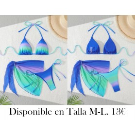 Conjunto de traje de baño sexy para mujer, 3 piezas  BIKINI DEGRADADO AZUL MULTICOLOR
