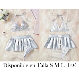 Conjunto de lencería para mujer PLATEADO Falda plisada de PU