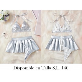 Conjunto de lencería para mujer PLATEADO Falda plisada de PU