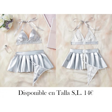 Conjunto de lencería para mujer PLATEADO Falda plisada de PU