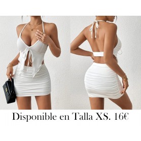 Conjunto Eudomine set de 2 pzas., top corto tipo bandeau y falda plisada mini, color BLANCO