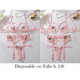 Conjunto de Tres Piezas de Ropa Interior de Malla LENCERIA ROSA