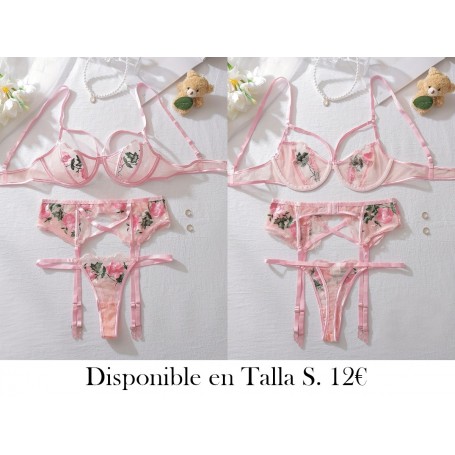 Conjunto de Tres Piezas de Ropa Interior de Malla LENCERIA ROSA