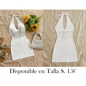 Vestido baño hueco de punto liso blanco con cuello halter y espalda descubierta BLANCO BAÑO