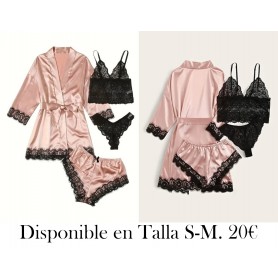 Conjunto De Pijama De Satén Con Costuras De Encaje