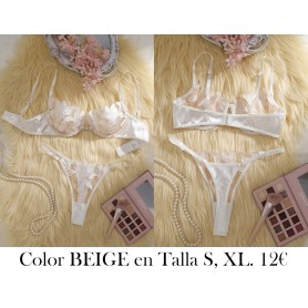 Conjunto de lencería bordada de flores BEIGE