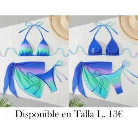 Conjunto de traje de baño sexy para mujer, 3 piezas  BIKINI DEGRADADO AZUL MULTICOLOR