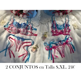 Conjunto de Sujetador Romántico con Bordado Floral  2 CONJUNTOS LENCERIA COLORES AZUL FUCSIA