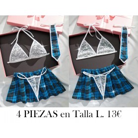 Conjunto de Uniforme a Cuadros Sexy con Sujetador de Encaje Floral, Tanga, Falda y Corbata   AZUL BLANCO COSPLAY