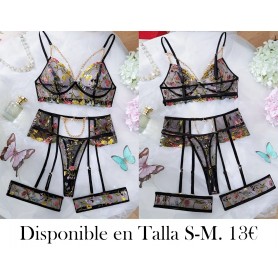 5piezas Conjunto de lencería de malla bordada CONJUNTO LENCERIA NEGRA LIGUEROS