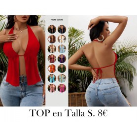 Top sin espalda con abertura delantera, entallado en el cuello y nudos estilo halter para el verano